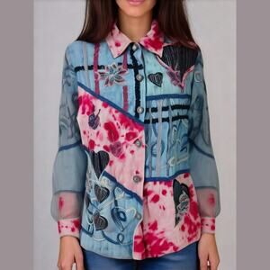 Breckenridge Blue Pink Embroidered Ribbon TIe Dye Long Sleeve Shirt Jacket M